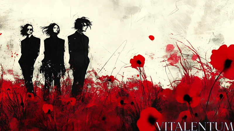 Three dark figures stand in stylized red poppy field