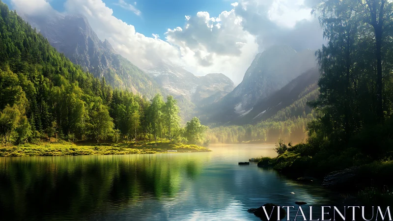 Sunlit alpine lake reflects conifer forest and misted peaks