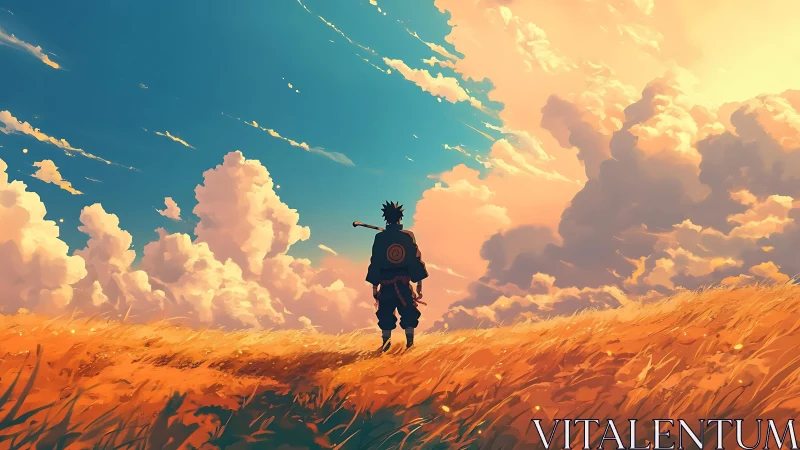Lone anime wanderer crosses golden field beneath vast sky