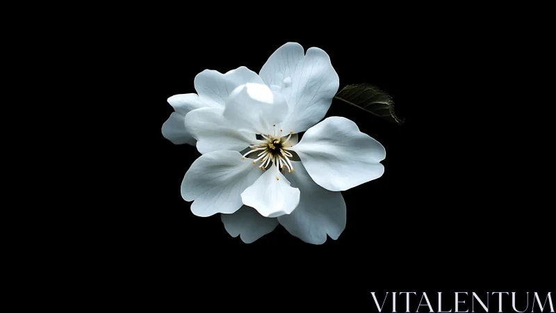 White Flower Bloom Against Black Background with Golden Center