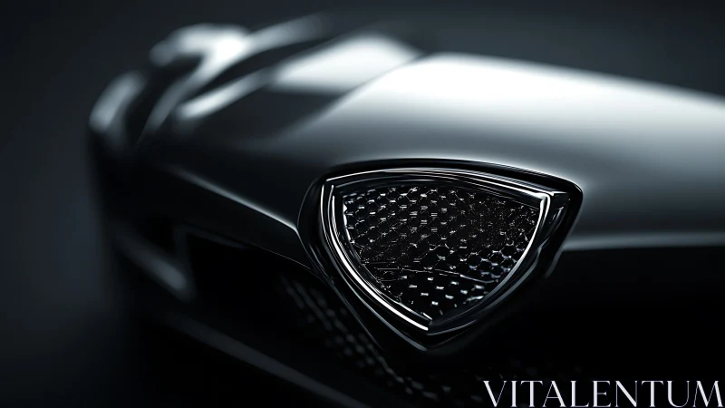 Close-up view of metallic car front emblem and body contours.