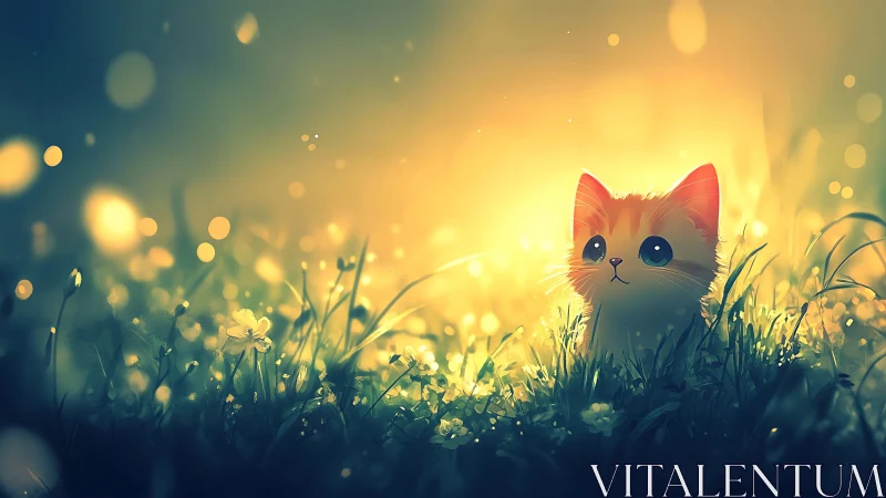 Feline Portrait in Golden Hour Meadow with Atmospheric Bokeh Effects