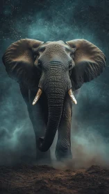 Charging bull elephant emerging through misty dust clouds.