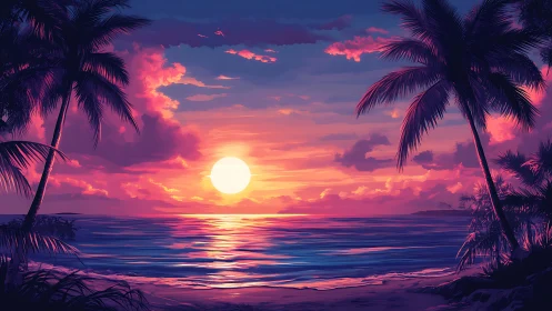 Radiant tropical sunset framed by silhouetted palm trees.