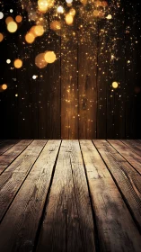 Rustic wooden stage with cascading golden bokeh light curtain
