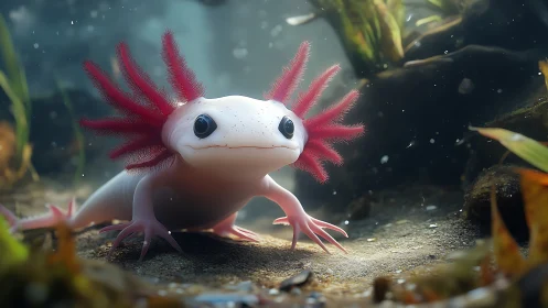 Bright eyed axolotl strolls through its mossy dreamscape.