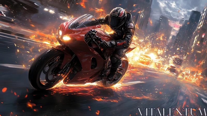 Motorcyclist on red sport bike in burning urban street scene.