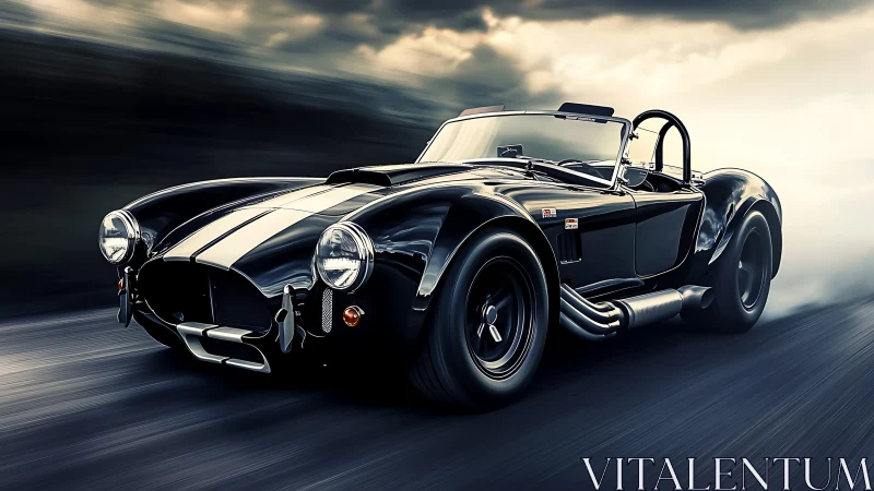Sleek black roadster racing into a moody sunset sky.