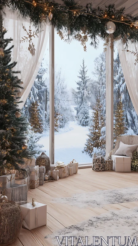 Snowy forest window view with serene Christmas interior decor.