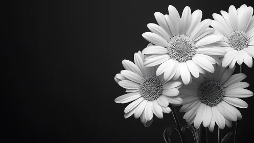 Monochrome gerbera daisies arranged in elegant black and white study.