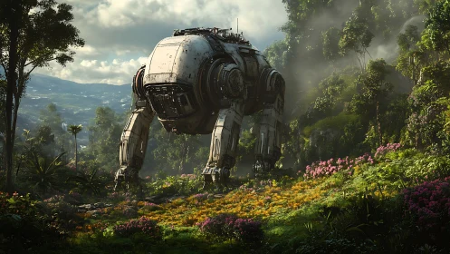Gentle jungle mech wandering through a bright wild meadow.