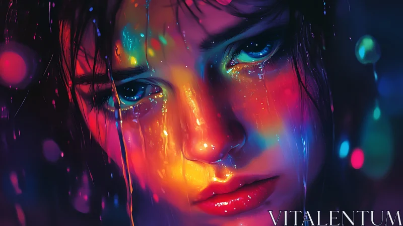 Neon drenched portrait of sorrowful woman in falling rain.