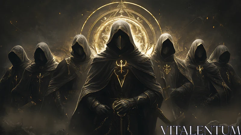 Hooded cult circle gathers before radiant occult sigil