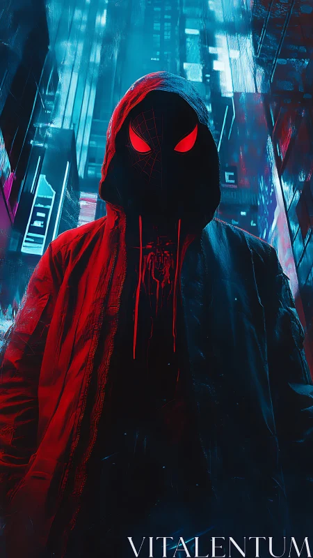 Hooded spider hero in neon blue red cyberpunk alleyway.