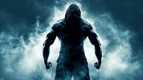 Hooded powerhouse emerges from stormlit gym smoke.
