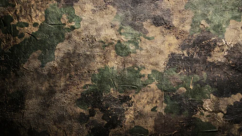 Textured camouflage surface with distressed multitone patina.