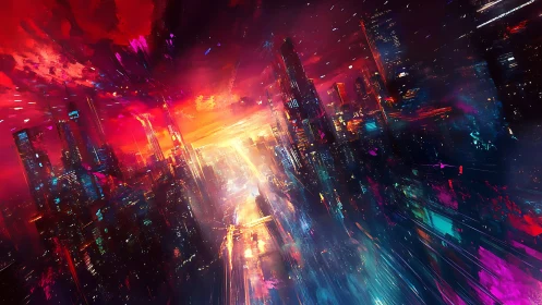 Neon skyline racing into a glowing sci fi sunset dreamscape.