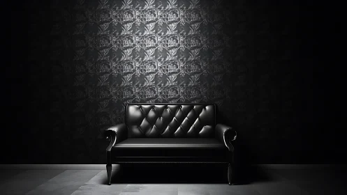 Luxurious black leather sofa in dramatic spotlighted interior.