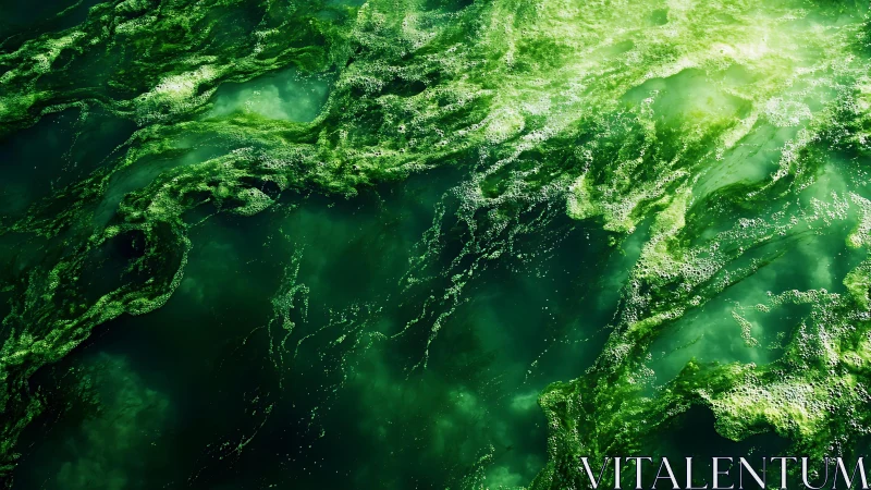 Vivid Green Algae Bloom on Water Surface, Abstract Nature Texture.