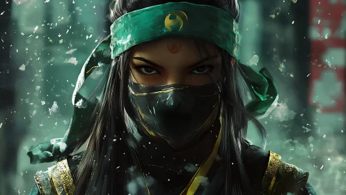 Steely eyed masked warrior in teal snow vortex portrait.