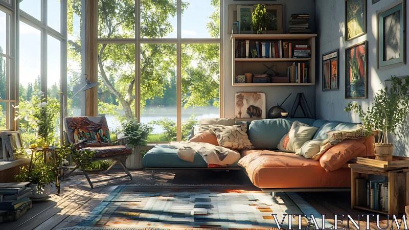 Sunlit reading nook with lush plants and lakeside view.