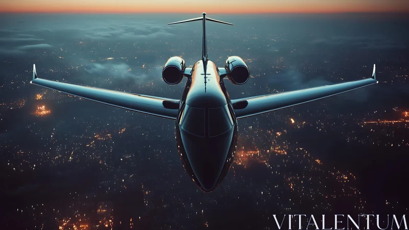 Sleek private jet crosses glowing city at blue hour