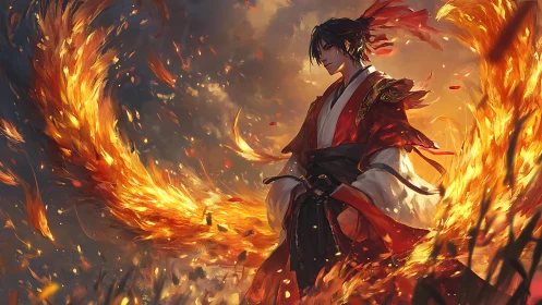 Fire-wreathed warrior stands calm within a blazing tempest