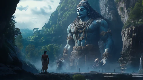 Colossal blue deity figure in misty mountain valley environment.
