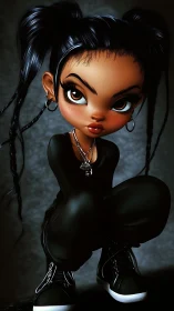 Stylized 3D goth girl in crouched pose with high specular detail.