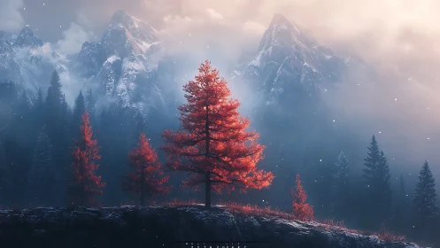 Crimson conifers beneath mist-laden alpine peaks at dawn.