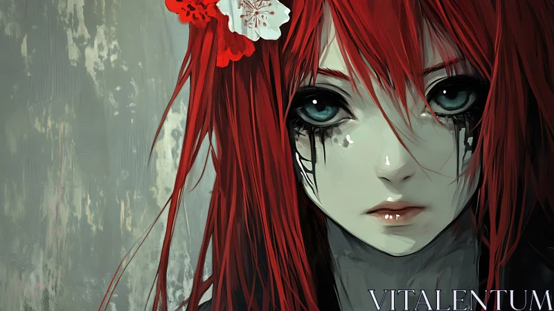Red haired girl portrait with floral hair ornament detail.