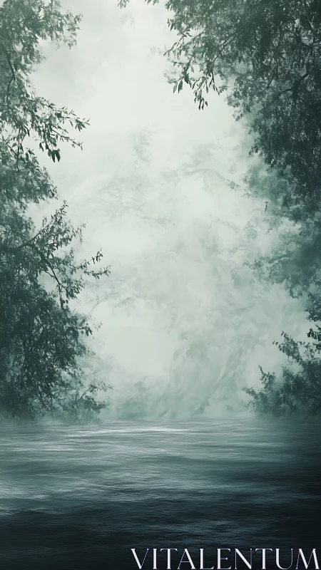 Fog-dense river corridor framed by silhouetted foliage edges