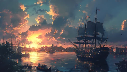 Digital painting of tall ship at sunset harbor skyline.