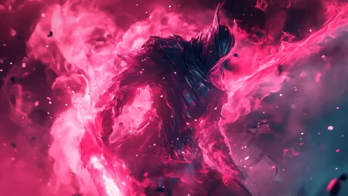 Humanoid silhouette in pink energy cloud with dynamic motion.