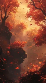 Autumn Forest Glow with Flying Birds and Golden Light.