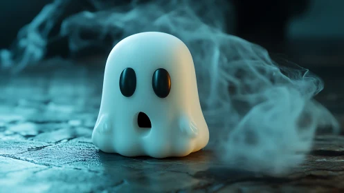 Small ghost-shaped figure stands on textured stone ground