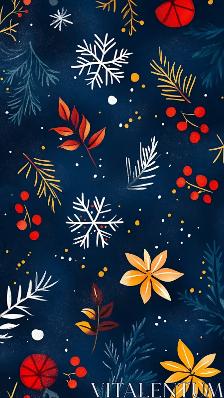 Winter floral pattern with snowflakes and red berries design.