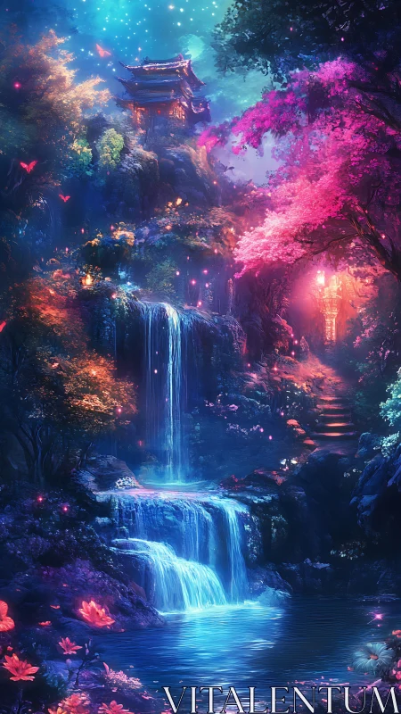 Moonlit waterfall sanctuary beneath a glowing dream sky.