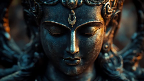 Metallic sculpted face is rendered with close frontal lighting