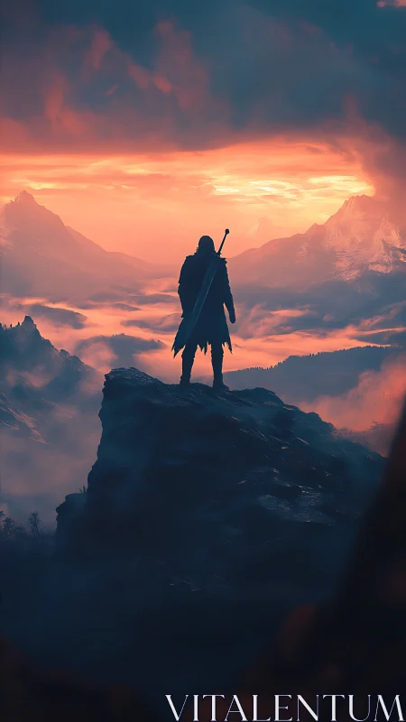 Lone swordbearer overlooks burning mistbound valley at dawn