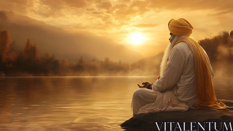 Elder meditates lakeside under golden sunrise haze.