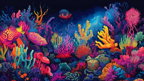 Neon coral reef bursts with saturated bioluminescent color.