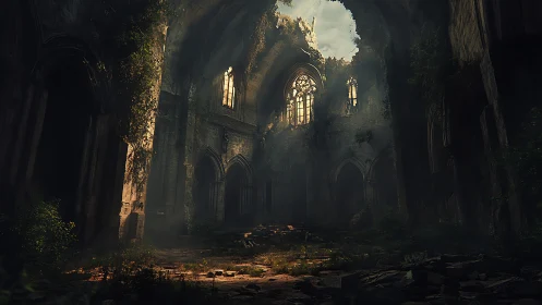 Gothic nave ruins with volumetric light and invasive flora.