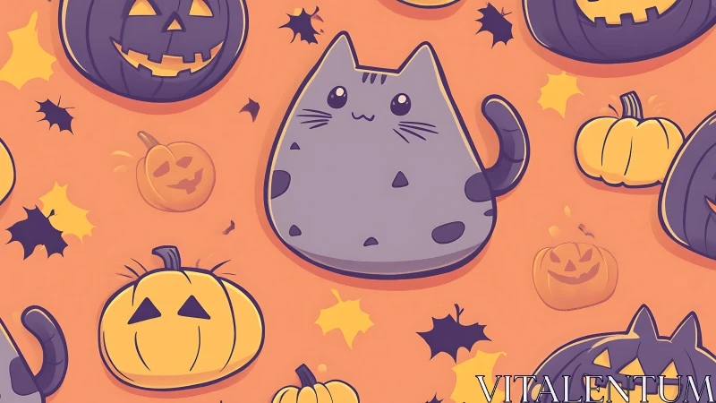 Cute purple cat surrounded by Halloween jack-o-lantern pumpkins and stars