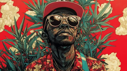 Sunlit swagger amid tropical leaves and bold red skies.