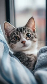 Curious tabby cat gazes from cozy window perch wrapped in soft blankets