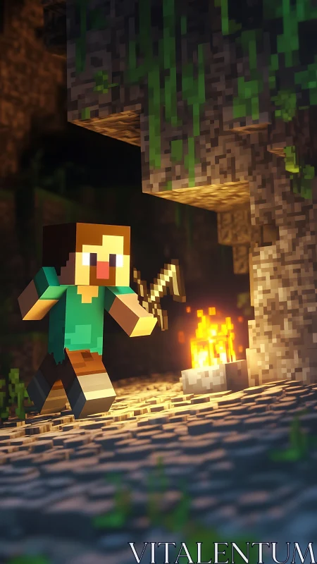 Courageous blocky adventurer explores a warm torchlit cave