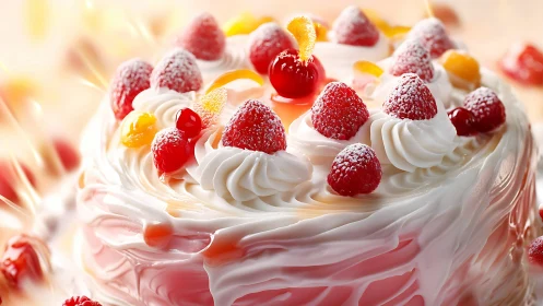 Elegant Cream Cake Topped With Fresh Raspberries And Candied Fruit.