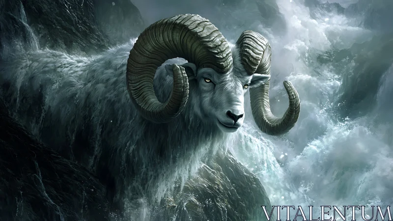 Mythic ram in storm-surge environment, dynamic digital painting.