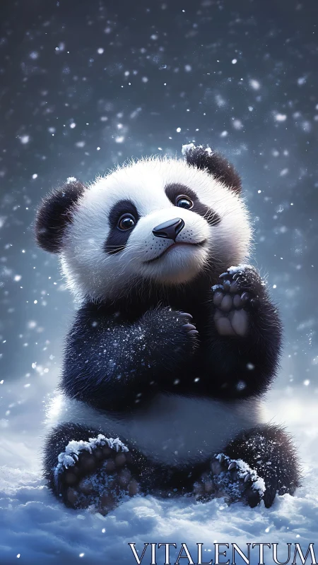 Digital illustration of young panda sitting in falling snow.
